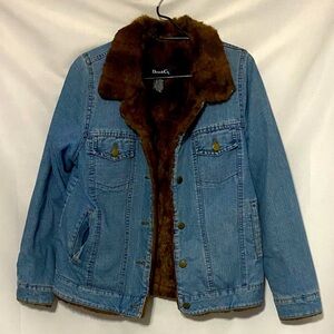 Denim&Co Blue Jacket Brown Faux  Fur lining pockets Wo size smallclean condition